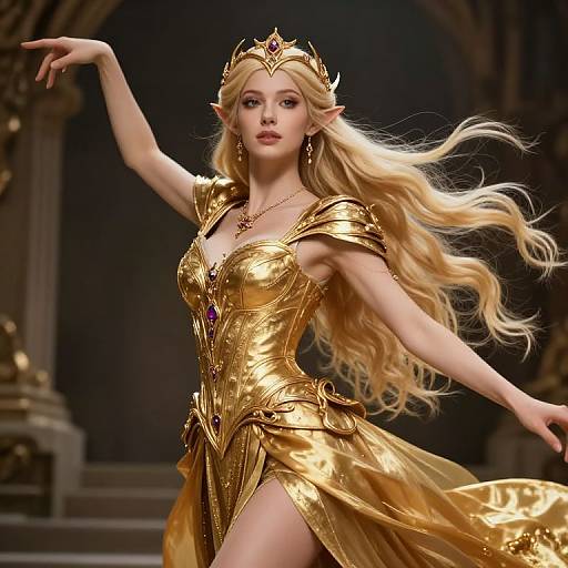 Digital illustration of a beautiful, blonde, elf queen with long hair, wearing a golden, armor-like dress and crown, posing dramatically in a dark,