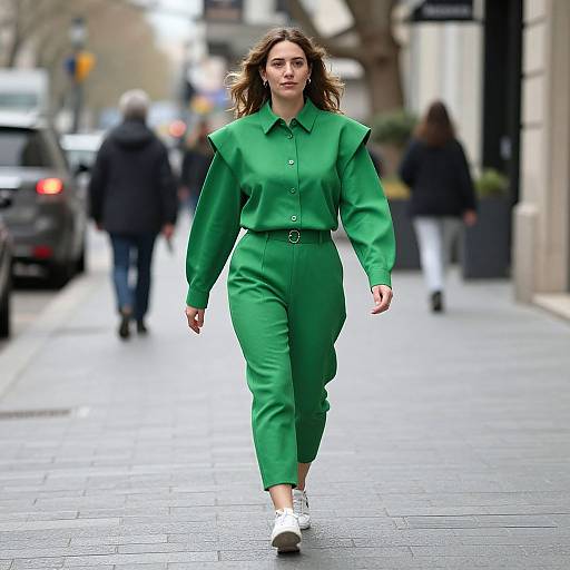 Photograph of a woman with wavy brown hair, wearing a vibrant green, long-sleeve jumpsuit and white sneakers, walking confidently down a