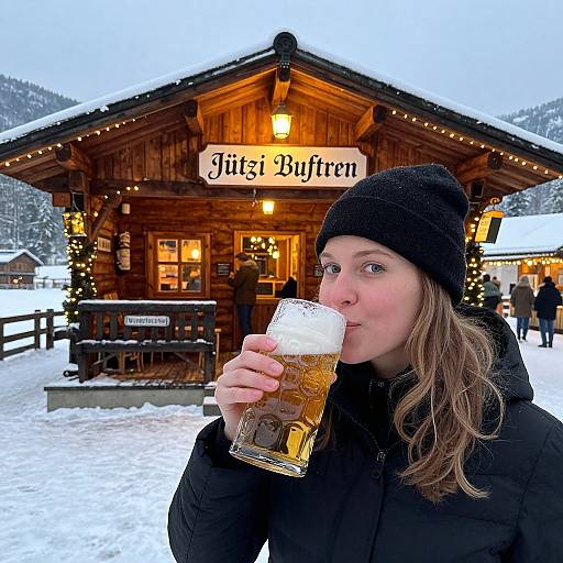 Woman Enjoying Beer at Winter Biergarten