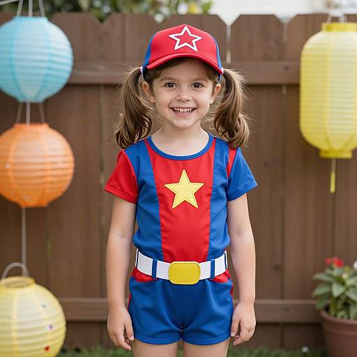 Photograph of a smiling young girl with pigtails, wearing a red and blue superhero costume with a yellow star, red cap, and white belt
