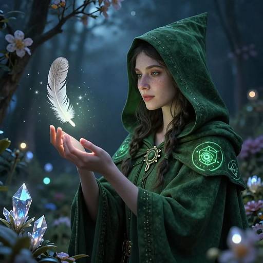 Digital fantasy artwork of a young woman in a green hooded cloak, gently holding a glowing white feather in a mystical forest.