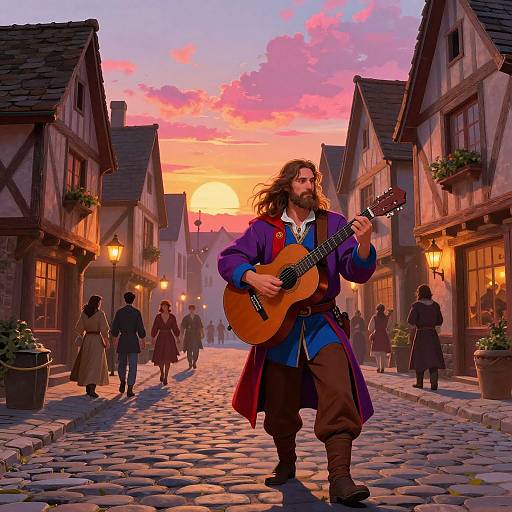 Digital painting of a bearded man with long hair, wearing medieval clothing, playing an acoustic guitar on a cobblestone village street at sunset. People