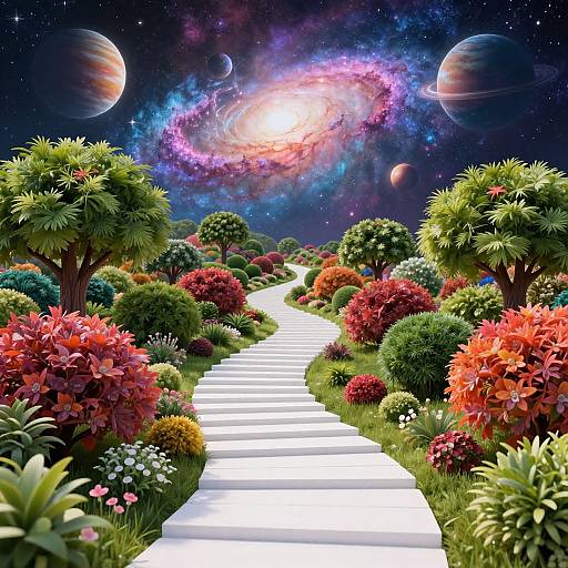 Vibrant digital artwork: white stone path lined with colorful bushes and trees, leading to a cosmic galaxy with planets and stars in the night sky.