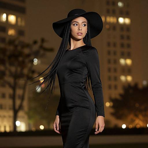 Photograph of a confident Black woman with long braids, wearing a black long-sleeve dress and wide-brim hat, standing at night in