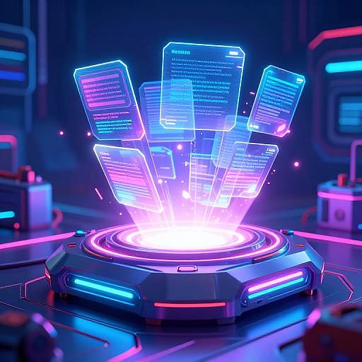 Neon-lit futuristic holographic display erupts from a glowing, hexagonal control panel, surrounded by vibrant blue and pink lights in a sleek,