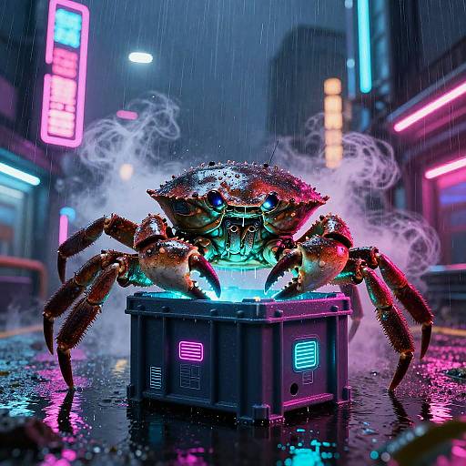 Digital artwork of a glowing, neon-lit crab robot with steam rising, standing on a wet, reflective street in a neon-lit city at night