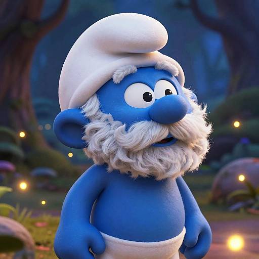 3D CGI blue cartoon character with white beard, hat, and loincloth, standing in a magical forest with glowing lights.