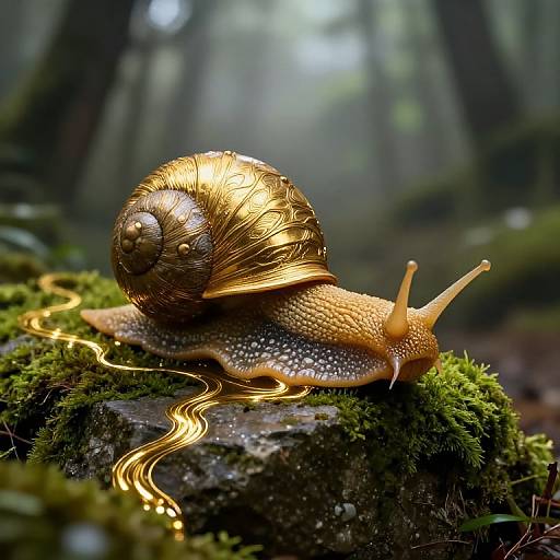 Golden Colossal Snail in Misty Forest