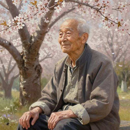 Photograph-style digital painting of an elderly Asian man with white hair, wearing a gray button-up shirt, sitting under a blooming cherry tree. Soft