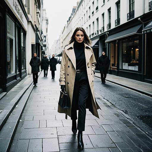 Photograph of a confident woman in a beige trench coat, black outfit, and boots walking down a wet, urban street with blurred pedestrians in the background
