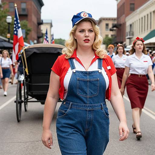 Photograph of a blonde woman in red shirt, blue denim overalls, and police hat, walking in a parade with American flags, surrounded by women