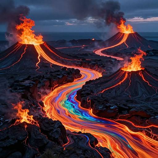 Photograph of three erupting volcanoes with glowing, multicolored lava flows (orange, red, blue, and green) against a dark,