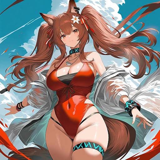 Illustration of Angelina (summer flower) (arknights), arknights in the style of Obui