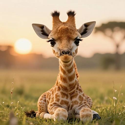 Photograph of a cute, young giraffe with patterned brown and white fur, large ears, and big eyes, sitting in a grassy field