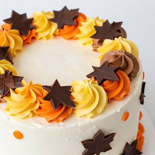 Photograph of a white cake adorned with swirled orange, yellow, and brown frosting, topped with dark chocolate star-shaped decorations.