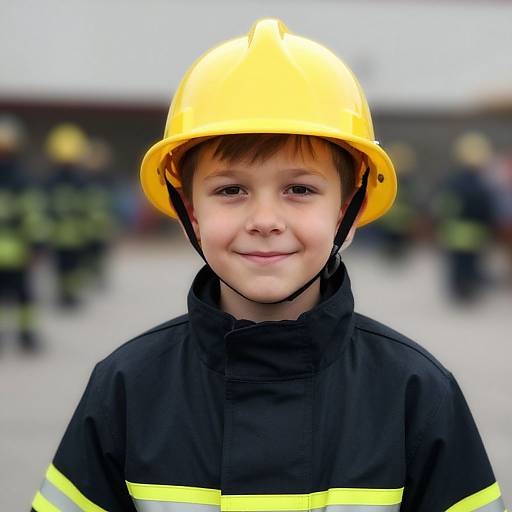 Photograph of a young boy with light brown hair, smiling, wearing a yellow firefighter helmet and black uniform with yellow stripes, standing outdoors with blurred firefighters
