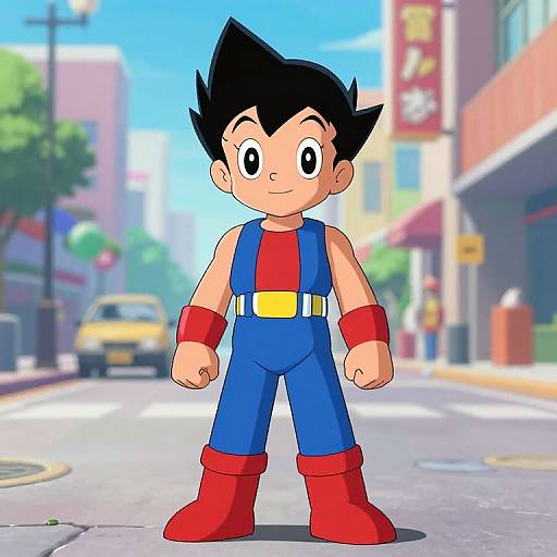 Digital cartoon of Son Goku from Dragon Ball, standing on a sunny city street with blurred buildings and a yellow car in the background. Bright colors, anime