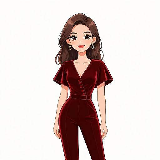 Digital anime-style drawing of a smiling woman with long brown hair, wearing a deep red, V-neck, short-sleeve romper, and dangling