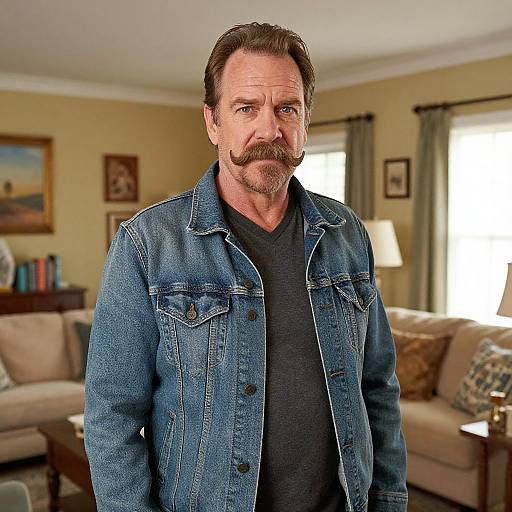 Middle-aged man with brown hair and mustache, wearing a denim jacket over a black shirt, stands in a cozy living room. Photorealistic photograph