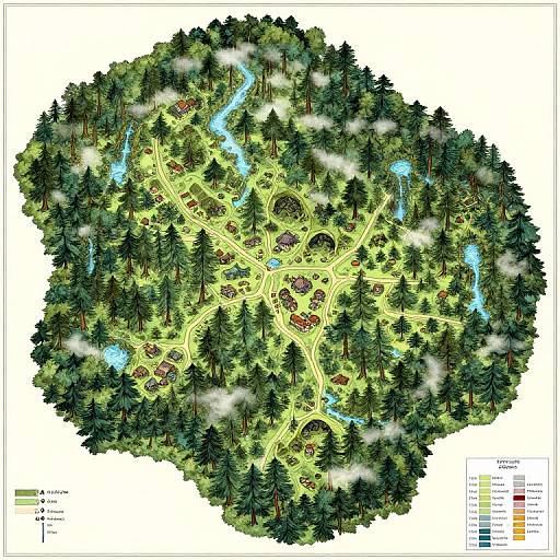Detailed top-down digital map of a dense forest with yellow pathways, blue streams, red houses, and green trees, labeled with a color legend.