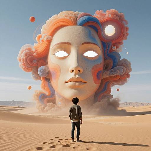 Photorealistic CGI: Small black-haired man stands in desert, facing giant, glowing, colorful, floating face with swirling hair, bright eyes.