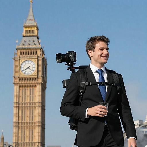 Smiling Man with Camera Rig Near Big Ben