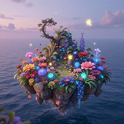 Digital artwork of a floating island adorned with vibrant, glowing flowers and plants, set against a tranquil ocean and twilight sky.