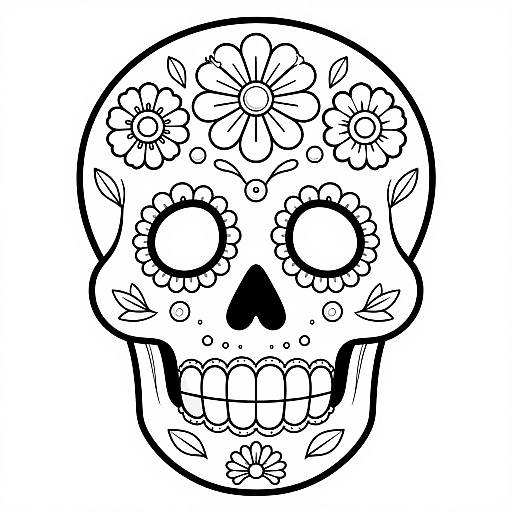 Black-and-white digital drawing of a sugar skull adorned with floral patterns, featuring large circular eyes, a black nose hole, and a grinning mouth with
