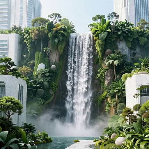 Photorealistic CGI of a lush, tropical urban waterfall between modern skyscrapers, surrounded by vibrant greenery, palm trees, and mist.
