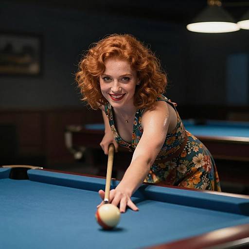 Photograph of a smiling red-haired woman with curly hair, wearing a floral dress, leaning over a blue pool table, aiming a cue stick at a