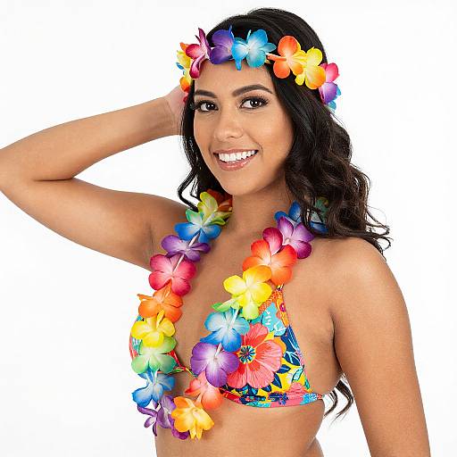 Woman in Vibrant Floral Lei and Bikini