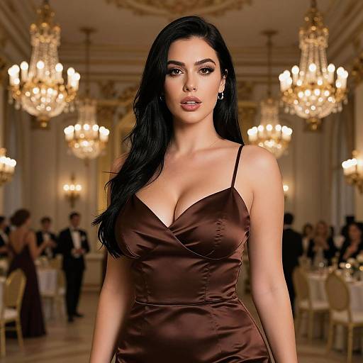 Photograph of a beautiful woman with long black hair, wearing a brown satin dress with a deep V-neck, standing in an elegant, chandelier-l