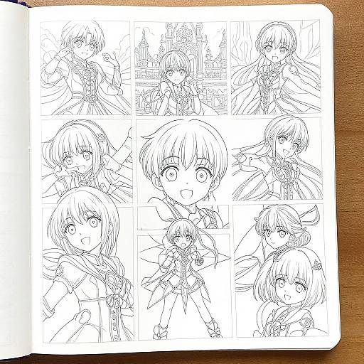 Black-and-white manga-style sketch page featuring nine chibi characters with varied expressions and outfits, arranged in a 3x3 grid on a wooden surface