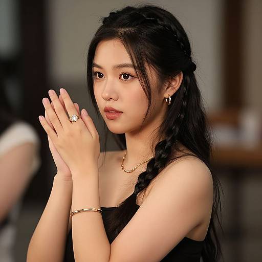 Photograph of an East Asian woman with long black hair in a braid, wearing a black top, gold jewelry, and a diamond ring, hands