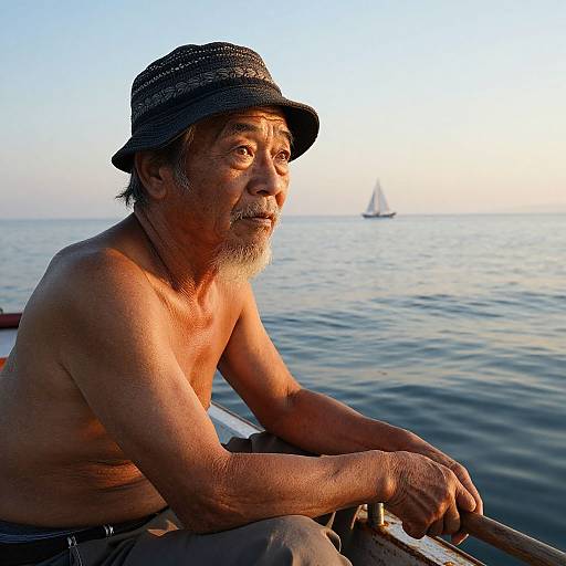 Photograph of an elderly, shirtless man with a black hat, tanned skin, and white beard, gazing at a sailboat on a