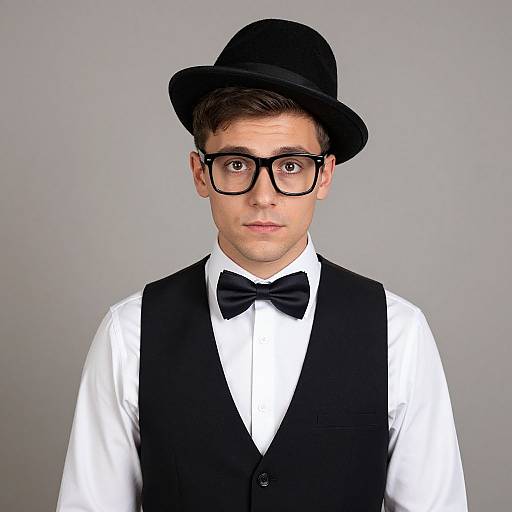 Photograph of a young man with fair skin, brown hair, black bowler hat, black-rimmed glasses, white shirt, black vest,