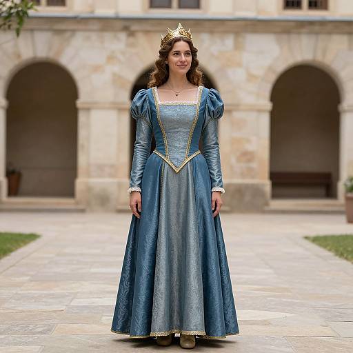 Photograph of a fair-skinned woman with curly brown hair, wearing a blue medieval-style gown with gold trim, a gold crown, standing in front