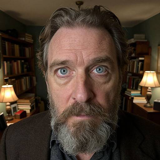 Photograph of a middle-aged man with blue eyes, gray beard, and wavy brown hair, standing in a dimly lit book-filled room with