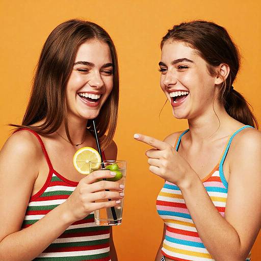 Photograph of two smiling young women with brown hair, wearing colorful striped tank tops, against an orange background. One points and holds a drink with a