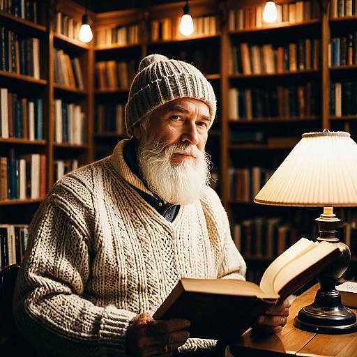 Elderly Man Reading in Cozy Library