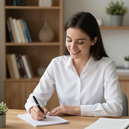 Smiling Woman Writing at Cozy Desk