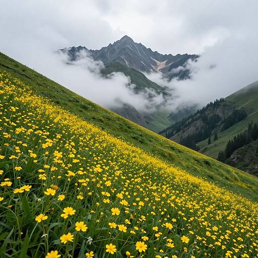 Photograph of a lush green hillside blanketed in vibrant yellow wildflowers, with misty mountains and dense forests in the background under a cloudy sky