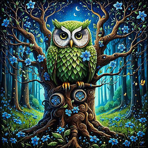 Anthropomorphic Green Tree with Owl and Blue Flowers