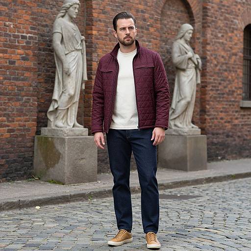 Photograph of a bearded man in a maroon quilted jacket, white shirt, black pants, and tan sneakers, standing on a cobble