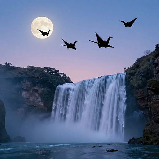 Photograph of a moonlit waterfall with four silhouetted bats flying above, surrounded by mist and rocky cliffs.