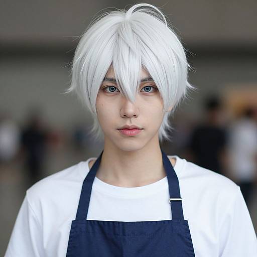 Photograph of a young person with white, messy hair, blue eyes, and fair skin, wearing a white shirt and black apron, with a