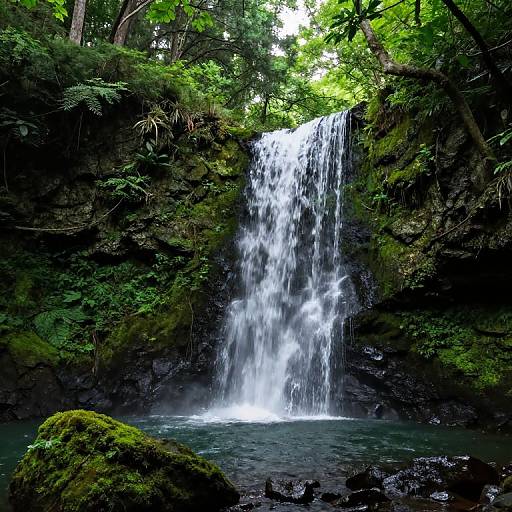 Photograph of a lush, green forest waterfall cascading down dark, moss-covered rocks into a clear, blue pool below. Sunlight filters through dense