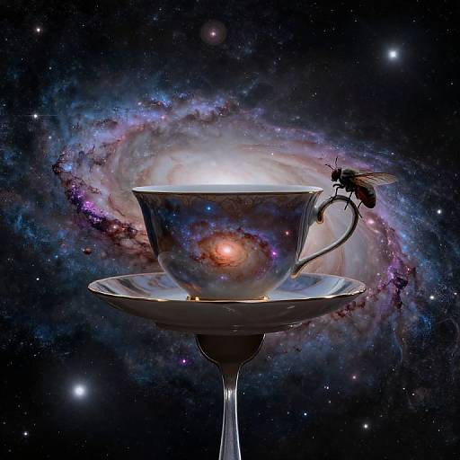 Photograph of a teacup with a galaxy swirling behind, perched on a stand, with a hovering bee-like insect on the right.