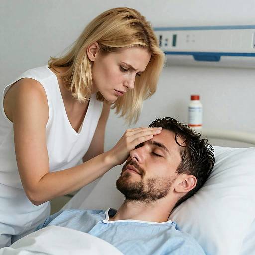 Concerned Woman Caring for Man in Hospital Bed