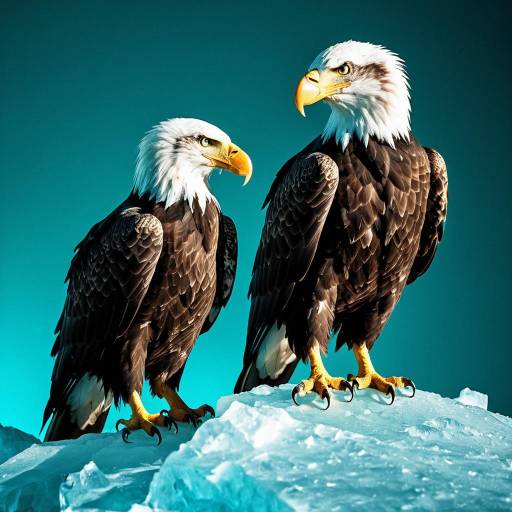 Two Bald Eagles on Ice with Teal Background Two Bald Eagles on Ice with Teal Background